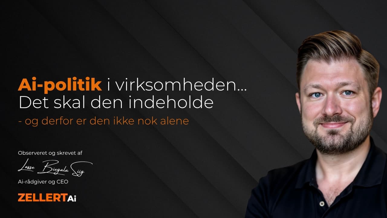 Lasse Biegala Siig ved siden af overskriften Ai-politik i virksomheden på mørk baggrund med ZELLERT Ai-logo